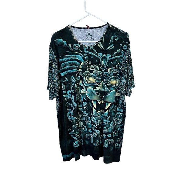 Aztec Allover Print Graphic T shirt Green Black AGMX 4X Viscose Soft Mexico - Picture 1 of 10
